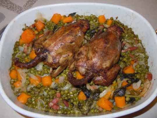 Pigeon rôtis et petits pois à la parisienne