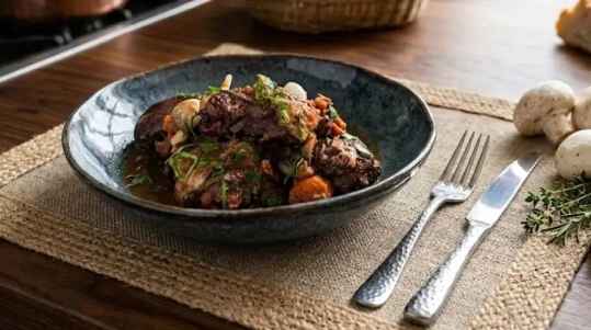 Poulet à la bourguignonne, une recette généreuse au vin rouge