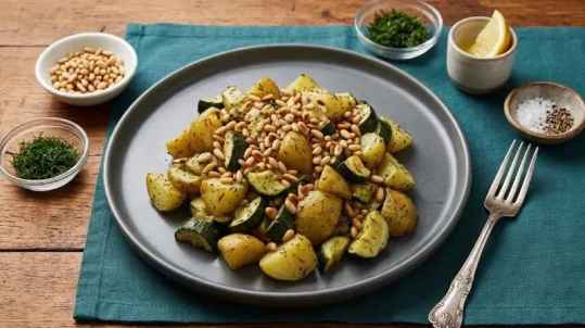 Salade tiède de pommes de terre, courgettes et pignons