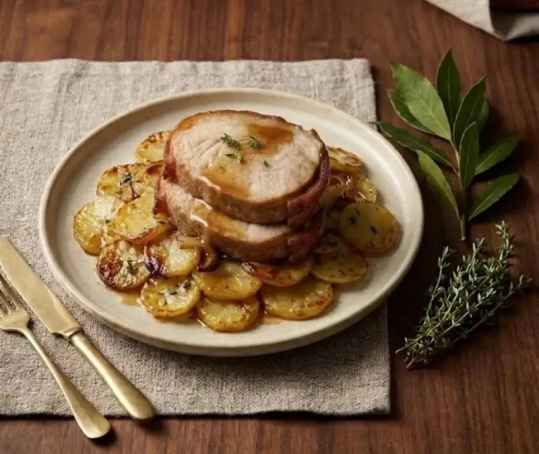 Pommes boulangères au four et rôti de veau tendre