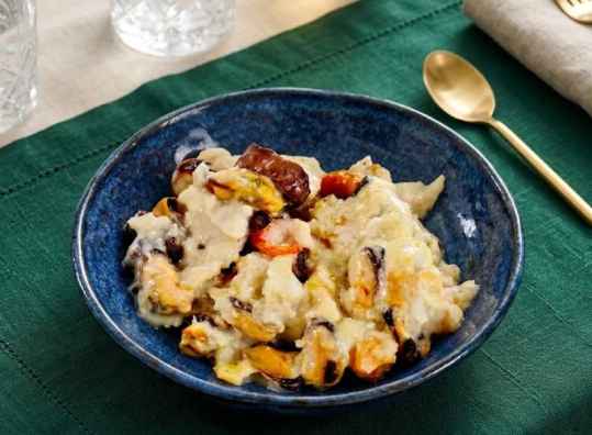 Gratin de poisson, fruits de mer et champignons