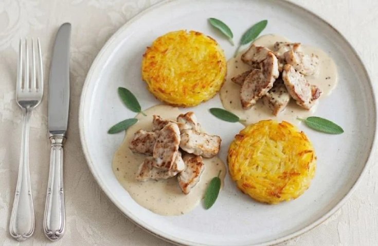 Röstis et veau à la sauce crémeuse