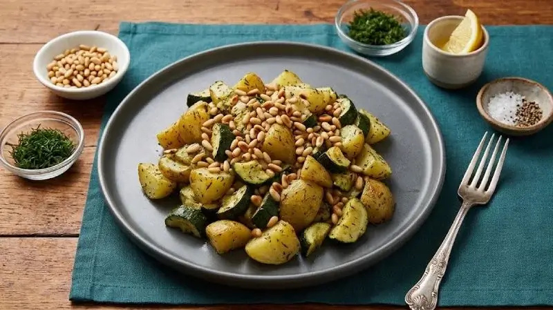 Salade tiède de pommes de terre, courgettes et pignons