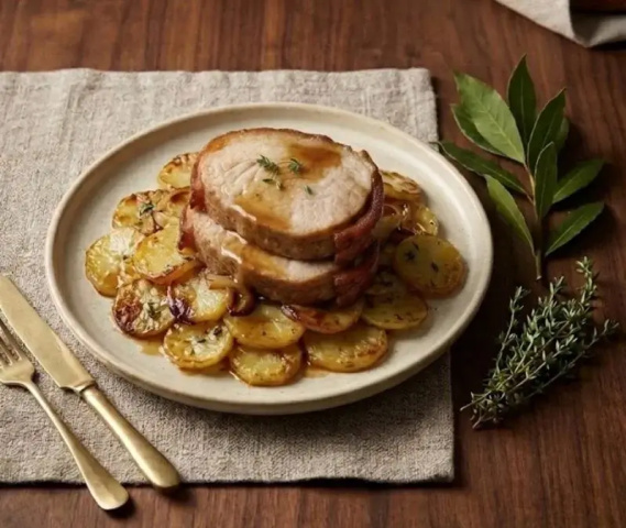Pommes boulangères au four et rôti de veau tendre