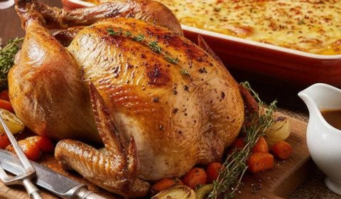 Chapon rôti et son gratin de potiron