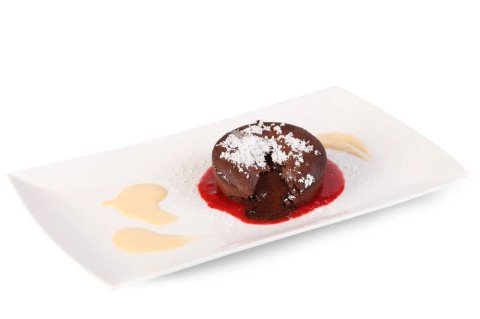 Fondant au chocolat et coulis de framboise
