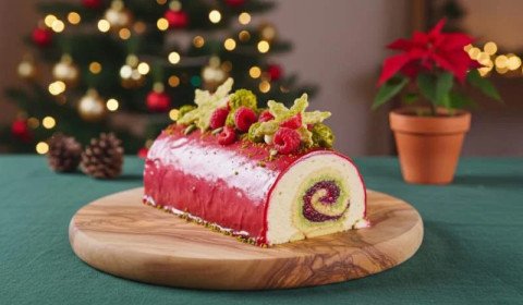 La bûche dans la bûche, pistache et framboise