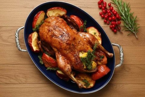 Oie rôtie aux pommes, sauce au miel et vinaigre de cidre