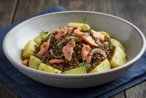 Salade de lentilles, pommes de terre et saumon fumé