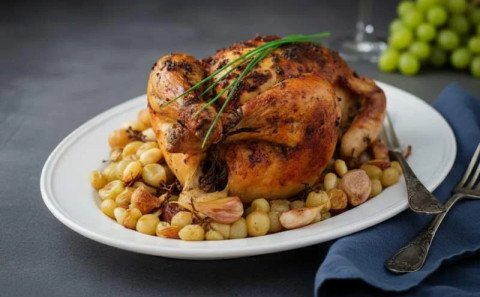 Chapon rôti aux raisins et aux cèpes