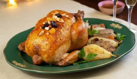 Oie farcie aux fruits secs et poires rôties