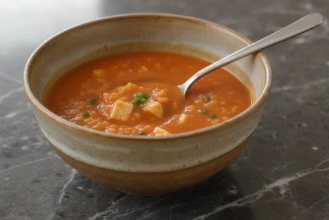 Soupe légère aux carottes, lentilles corail et morceaux de tofu