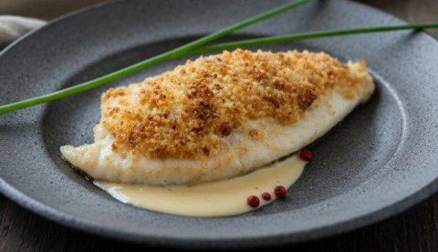 Filet de turbot poêlé, un voile de parmesan épices, fumet réduit aux épices du pain