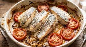 Filet de loup de mer au four aux tomates et oignons