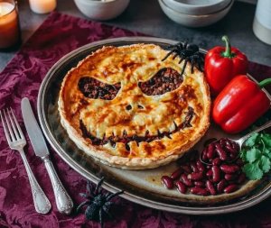 Tourte d’Halloween au bœuf, poivron et haricots rouges