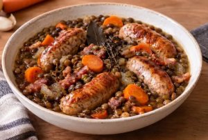 Saucisses aux Lentilles Vertes et Lardons au Monsieur Cuisine