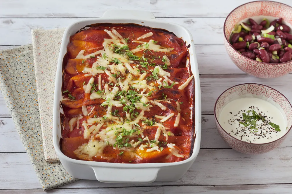 Enchiladas aux courges butternut, épinards et chorizo