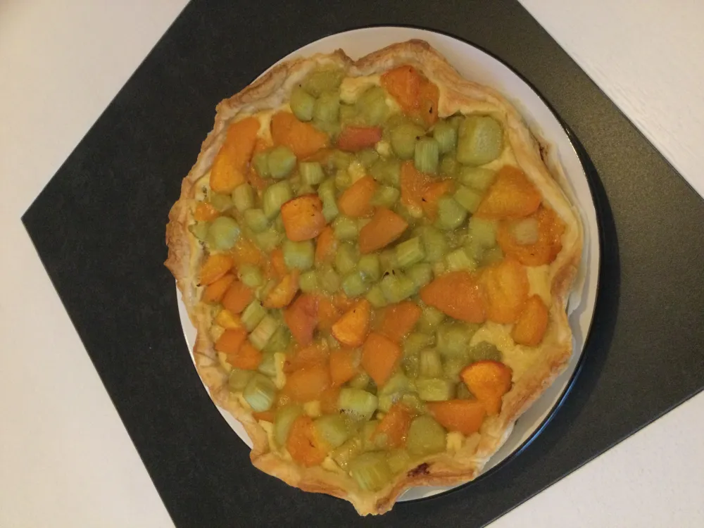 Tarte à la rhubarbe et abricots sur lit damande