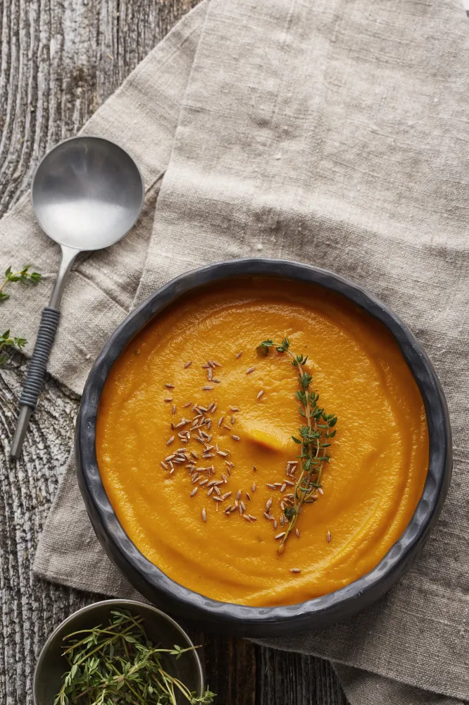 Velouté de potiron et carottes au boursin aux poivres