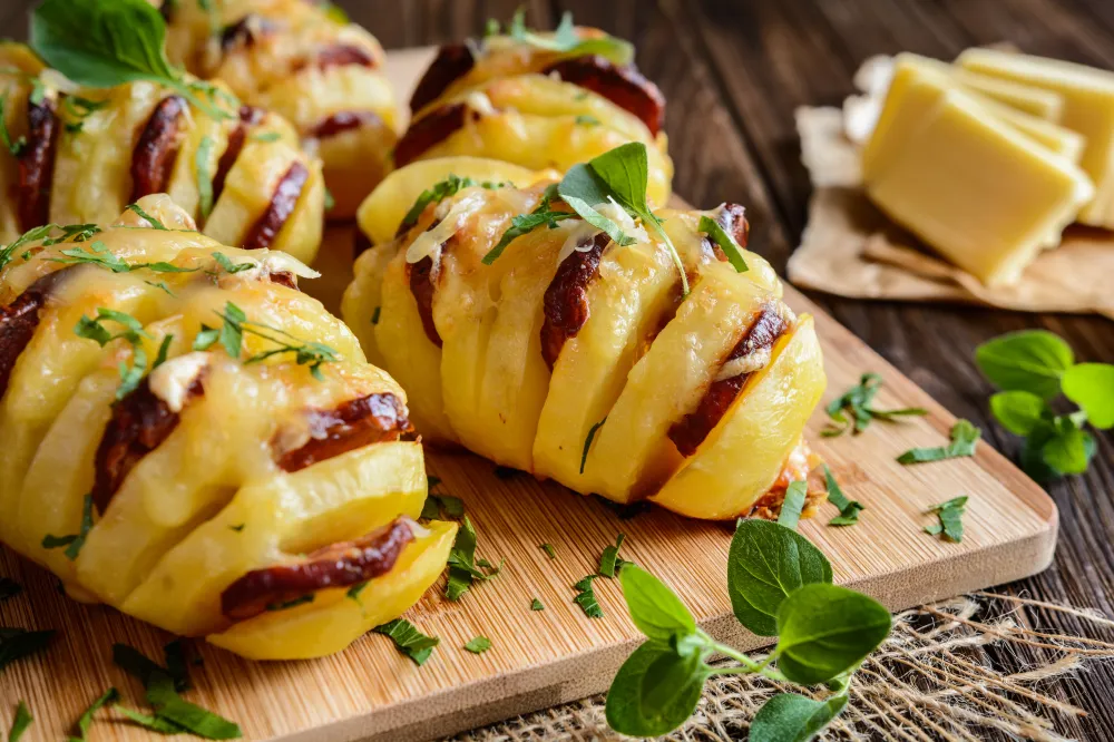 Pommes de terre hasselback au chorizo et au fromage