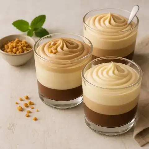 Mousses au chocolat noir, chocolat blanc et praliné