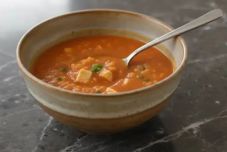 Soupe légère aux carottes, lentilles corail et morceaux de tofu