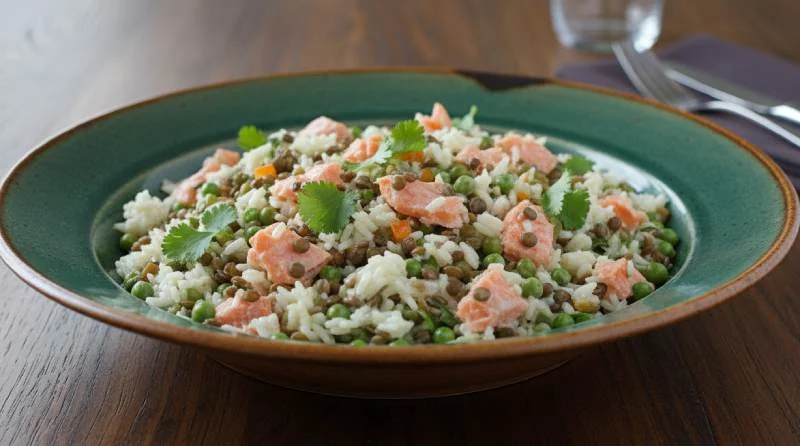 Salade de lentilles vertes, riz basmati et saumon fumé