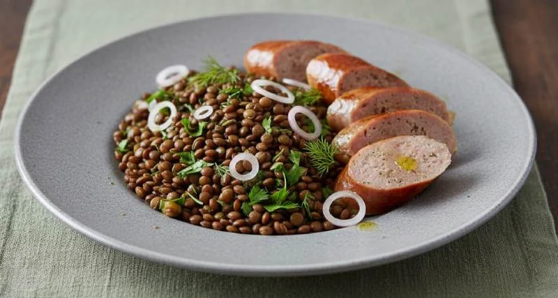 Salade pique-nique : lentilles et saucisse fumée