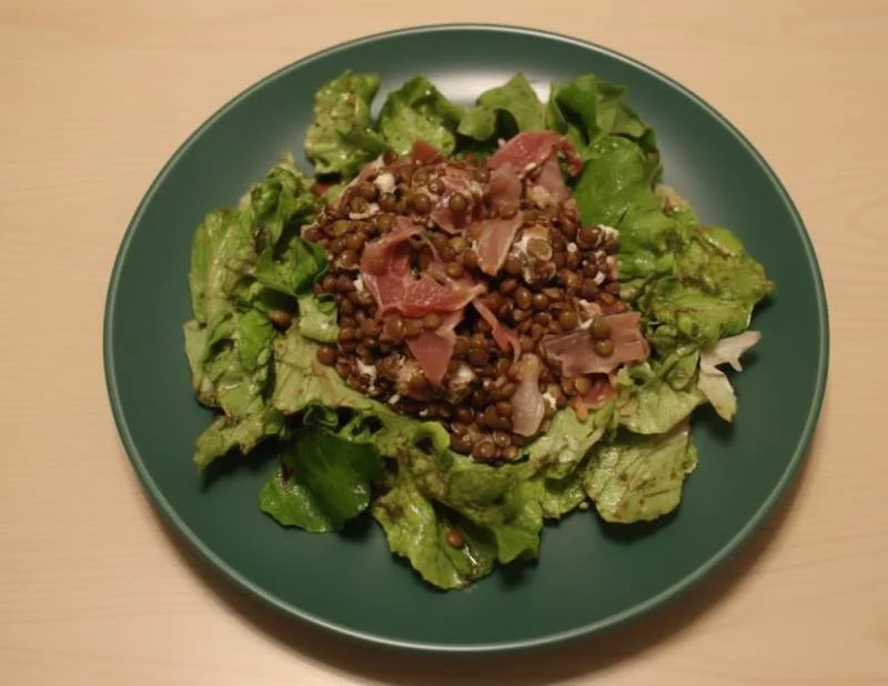 Salade verte et lentilles au jambon cru et chèvre