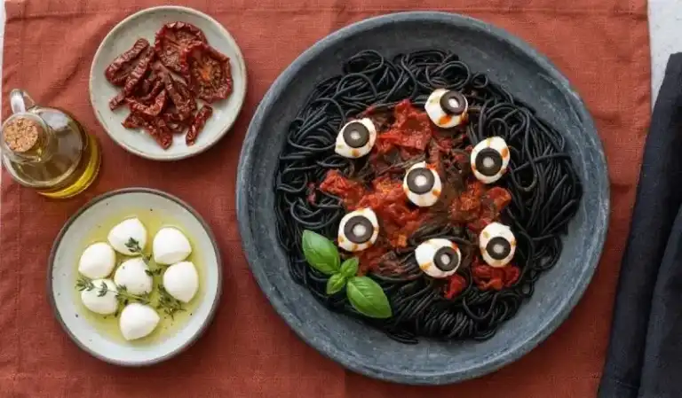 Pâtes noires, yeux rouges : le plat d’Halloween
