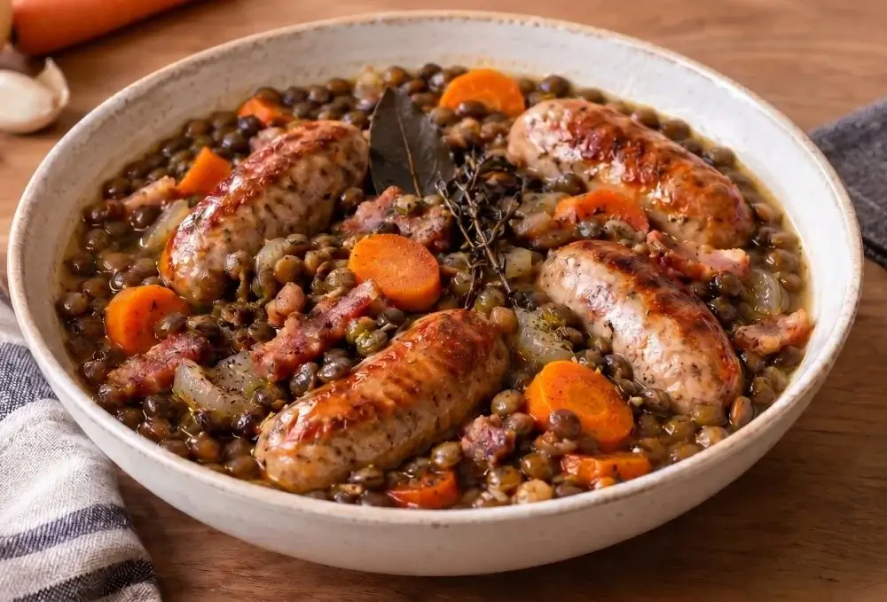 Saucisses aux Lentilles Vertes et Lardons au Monsieur Cuisine