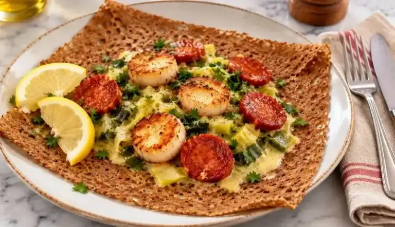 Galette aux noix de Saint-Jacques et fondue de poireaux